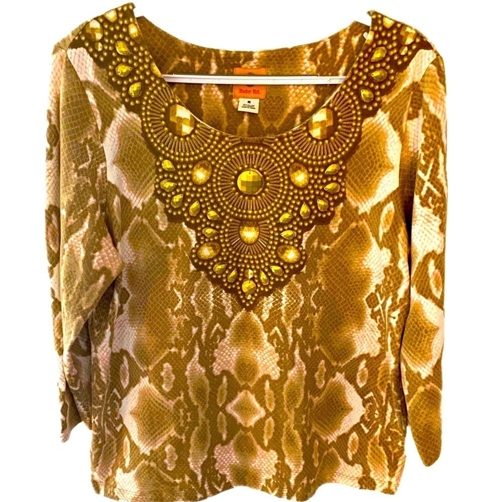 Ruby Rd Top, Sz M, 8, 10, Embellished, Sequins, Animal print, Snake Print